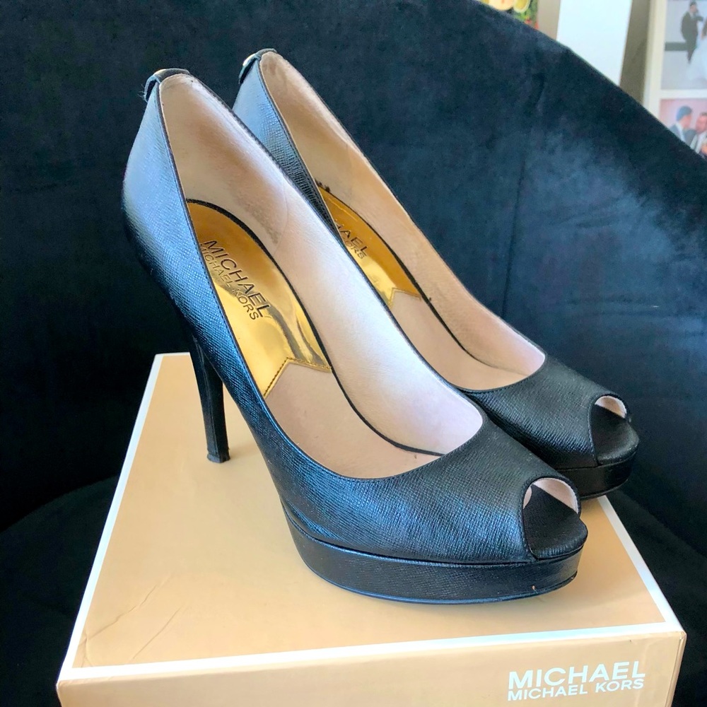 Michael Kors York platform peep toe heels.